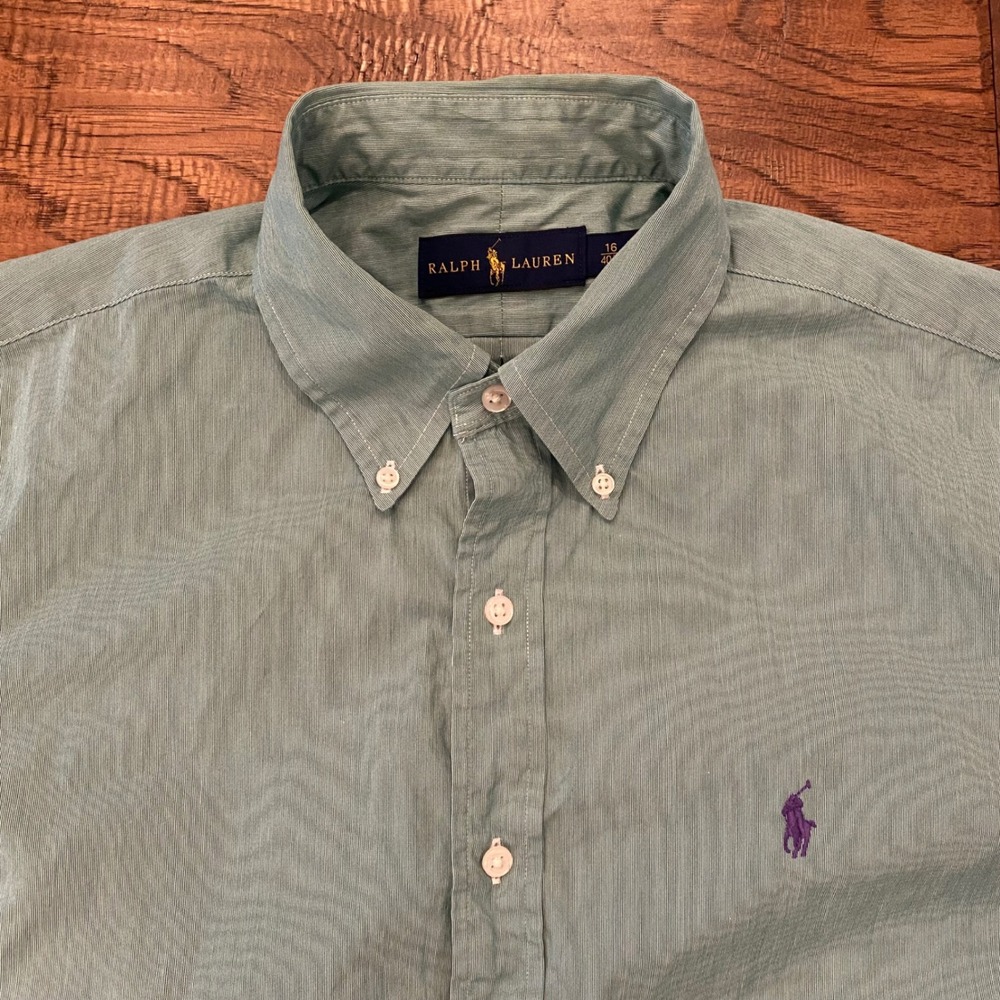 Ralph Lauren Button Down Shirt Mens 16 40/41 Mint Green Striped Long Sleeve